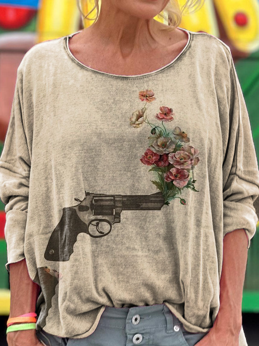 Love Not War Pistol Flowers Art Print Casual Long Sleeve T-Shirt