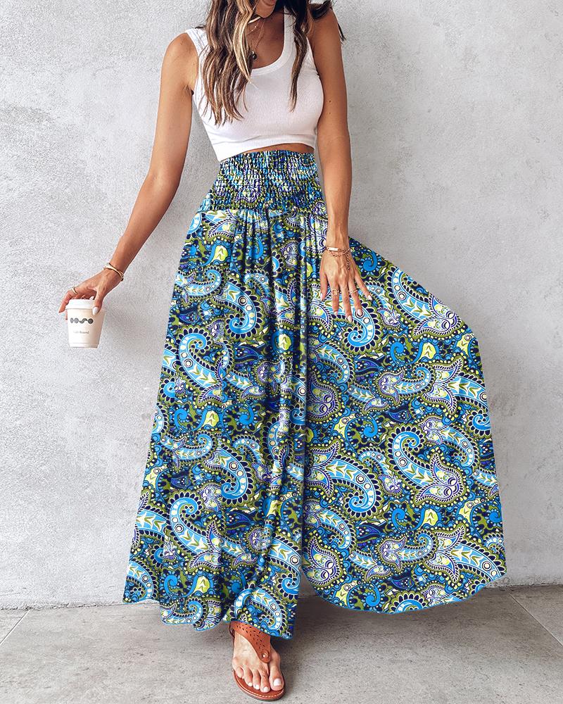 Tribal Print Shirred Wide Leg Pants