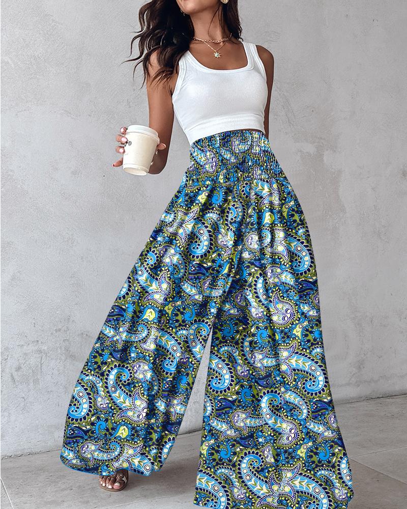 Tribal Print Shirred Wide Leg Pants