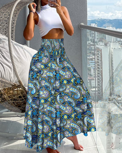 Tribal Print Shirred Wide Leg Pants