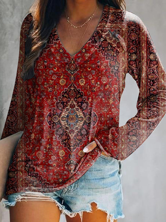 Women's Vintage Ethnic Floral Art Print Casual V Neck Long Sleeve Tops