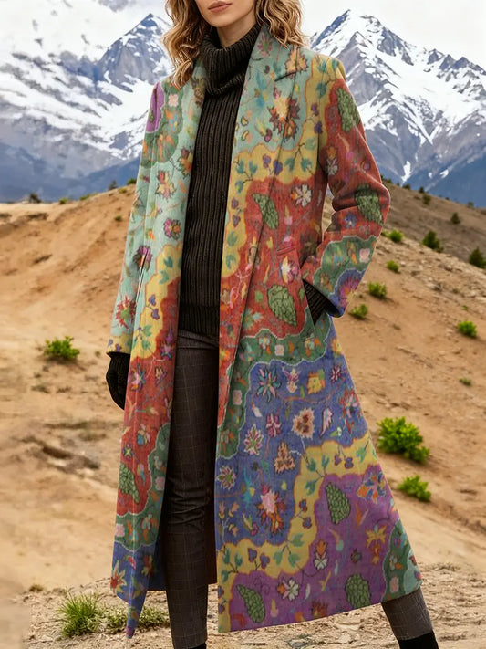 Women's Retro Floral Patchwork Art Print High-Quality Casual Wool Coat