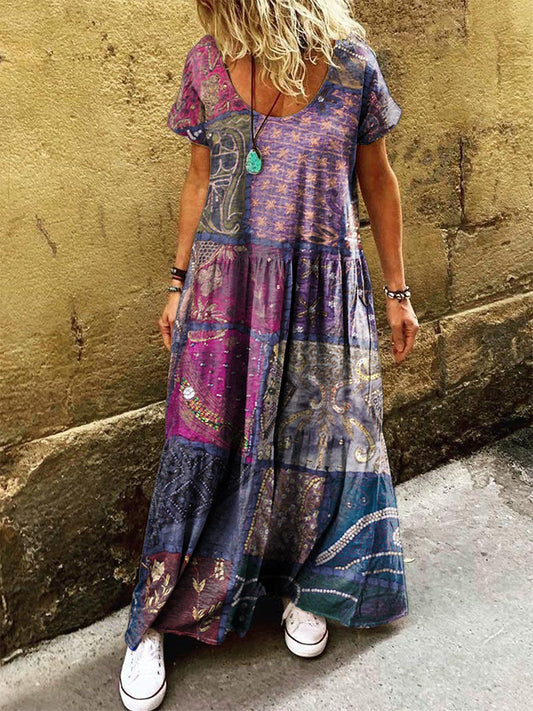 Women's Vintage Bohemian Patchwork Art Print Pocket Short Sleeve Cotton Dress