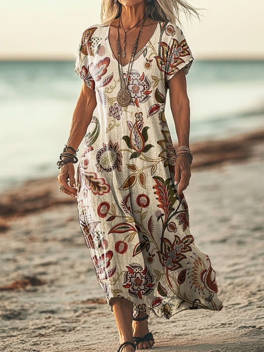 Women's Folk Floral Print Short Sleeve Pocket Cotton Linen Dress