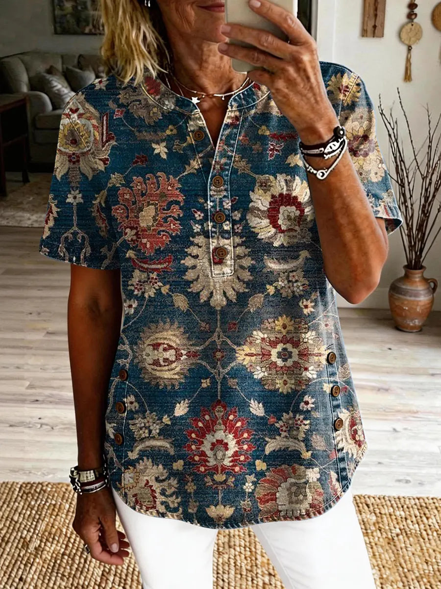 Women's Totem Vintage Floral Art Print Casual Short-Sleeve Washed Shirt