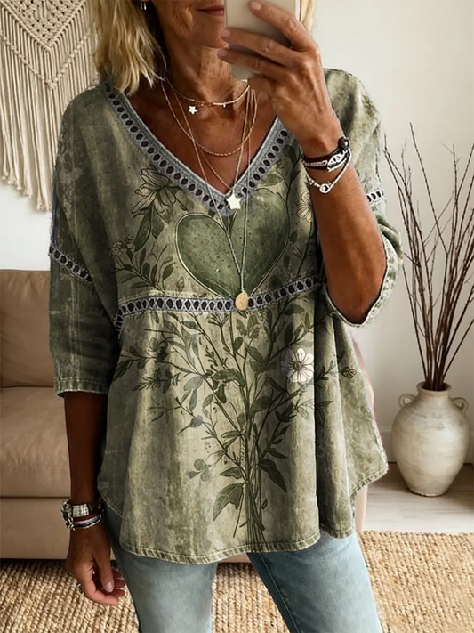 Ethnicity Bohemia Green Love Flowers Women's Vintage Art Print Casual V Neck Cutout Top
