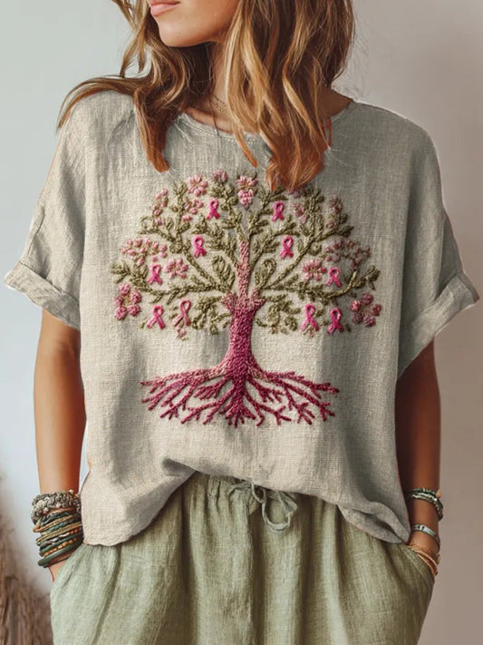 Women's Tree Of Life Pink Ribbon Embroidery Round Neck Half Sleeve T-shirt