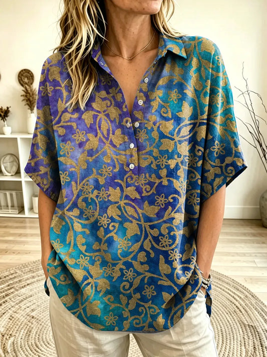 Women's Vintage Floral Batik Print Collared Short Sleeve Henley Blouse