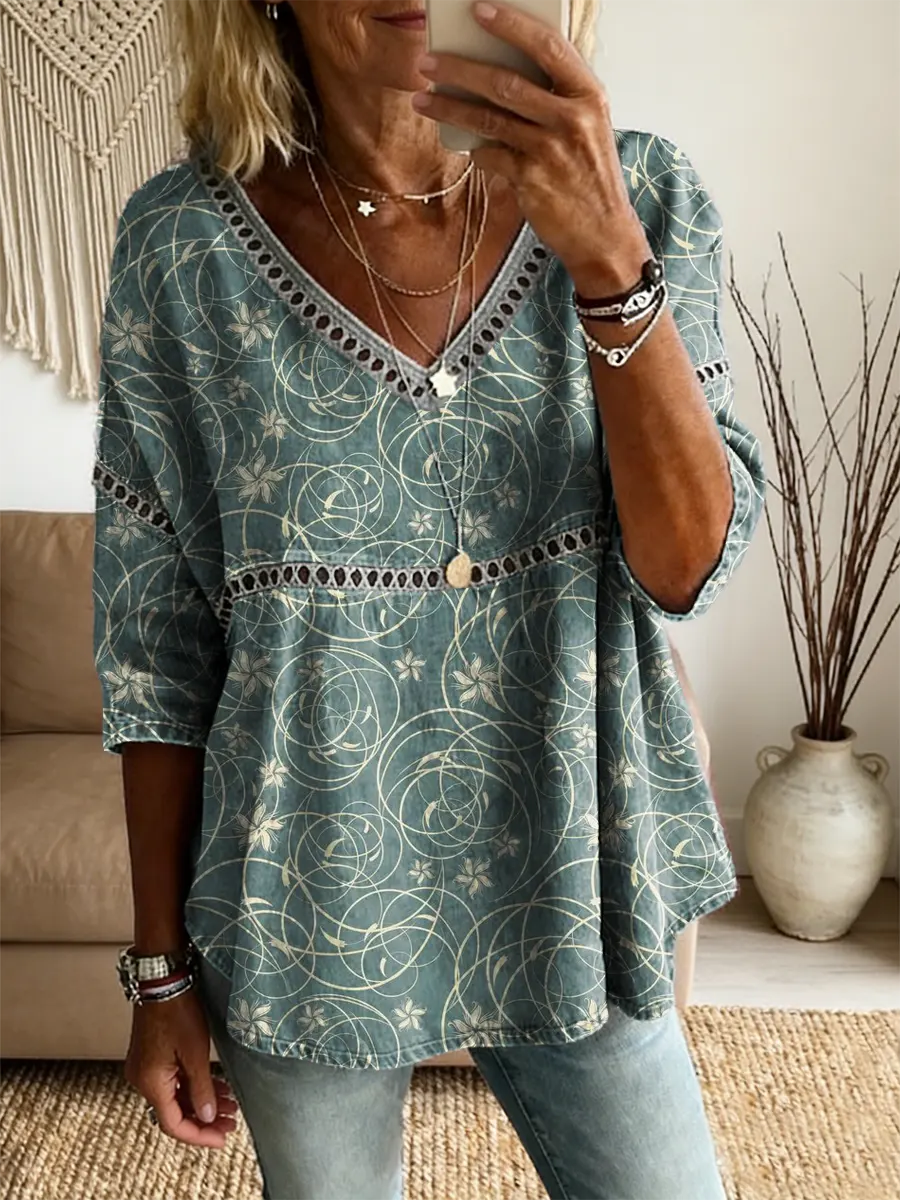Women's Retro Floral Art Print V-Neck Lace Shirt