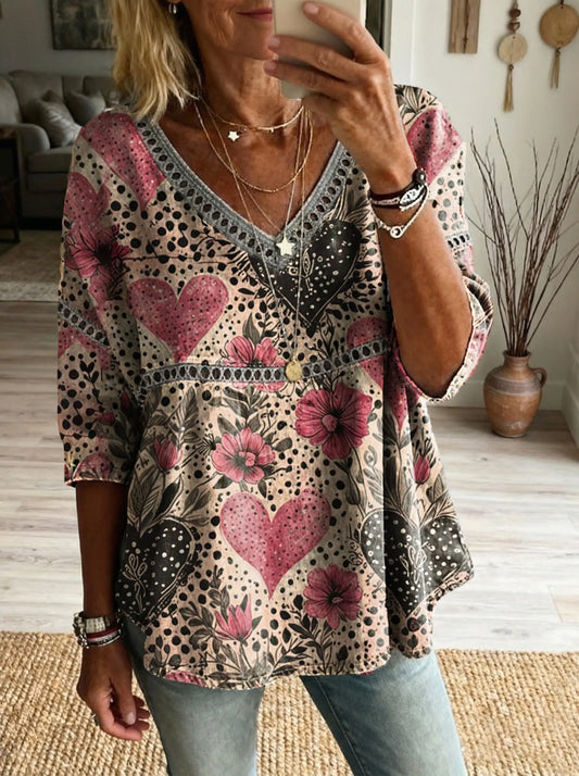 Women's Floral Heart Pattern Art Print Casual V-neck Lace Trim Top