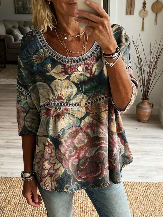 Women's Retro Floral Art Print Casual Three-quarter Sleeve Round Neck Hollow-out Top
