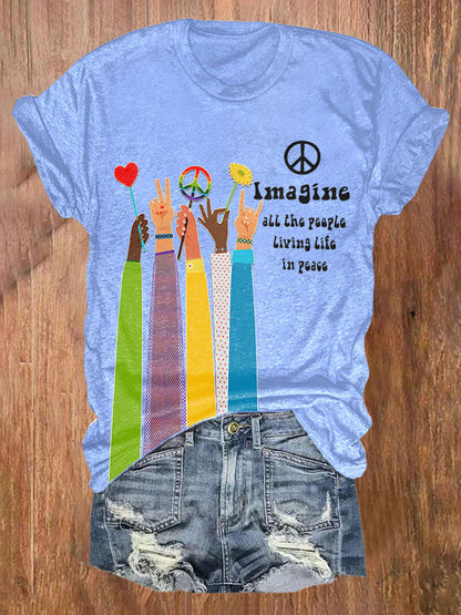 Retro Hippie Imagine All The People Living Life In Peace Print Shirt