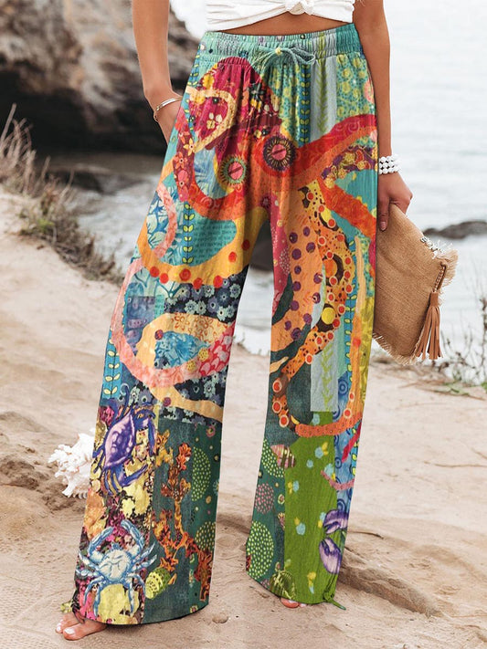 Women's Colorful Octopus Printed Cotton And Linen Casual Pants