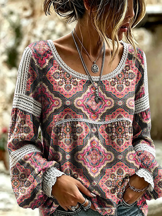Women's Retro Ethnic Art Print Casual Long-sleeved Round Neck Lace Cotton Shirt