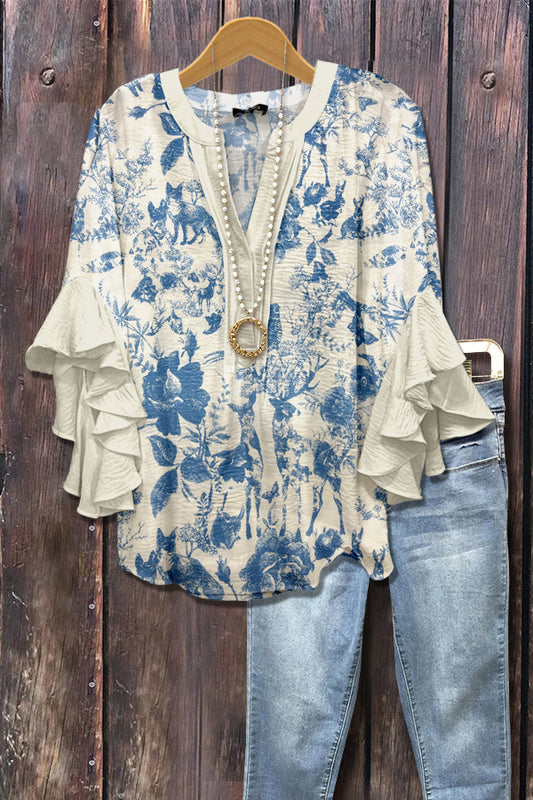 Retro Toile Print Ruffle Sleeve Top