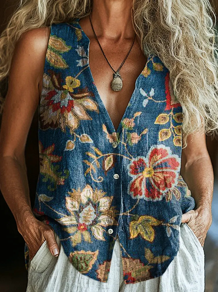 Women's Vintage Floral Art Print Sleeveless Cotton-linen Blend Shirt