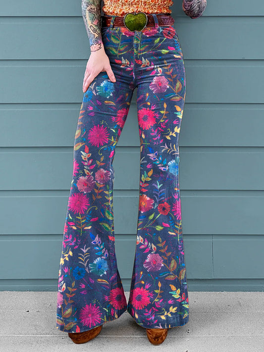 Women's Vintage Flower Power Pattern Print Casual Wide Leg Pants