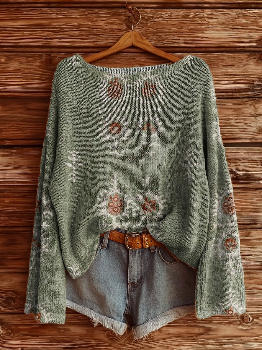 Women's Retro Totem Art Pattern Print Casual Pullover Sweater