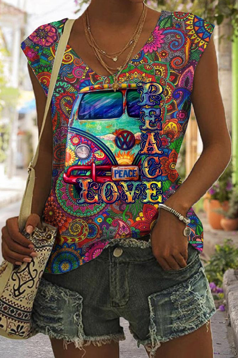 Hippie Art Love Peace Car Print V-Neck Tank Top