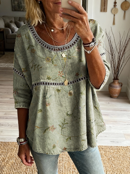 Women's Retro Ethnic Floral Art Print Casual Round Neck Hollow-out Cotton Linen Top