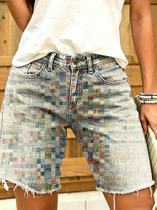 Women's Bohemian-Patterned Artistic Print Casual Washed Cotton Denim Shorts