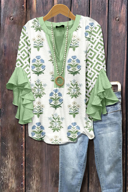 Flroal Print Geo Ruffle Sleeve Top