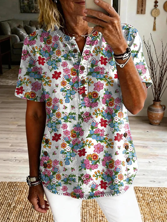 Women's Vintage Floral Art Print Casual Short-sleeve Washed Shirt
