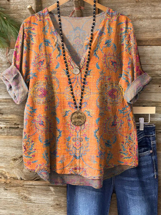 Women's Retro Ethnic Totem Art Print Casual Cotton Linen Shirt