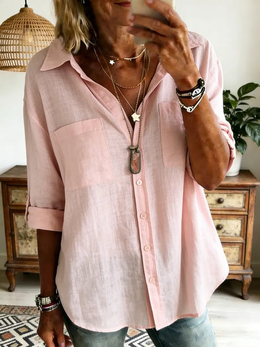 Women's Casual Comfort Long-Sleeved Cotton Pocket Shirt
