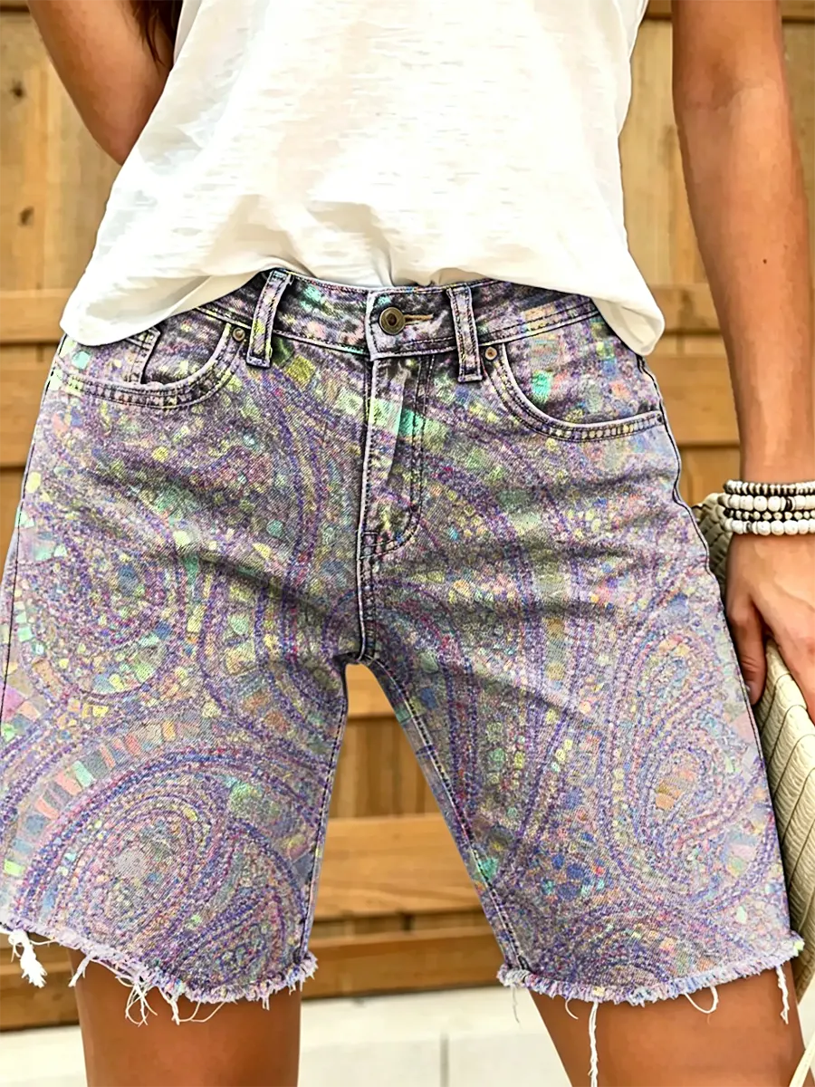 Women's Retro Colorful Paisley Floral Art Print Casual Washed Cotton Denim Shorts