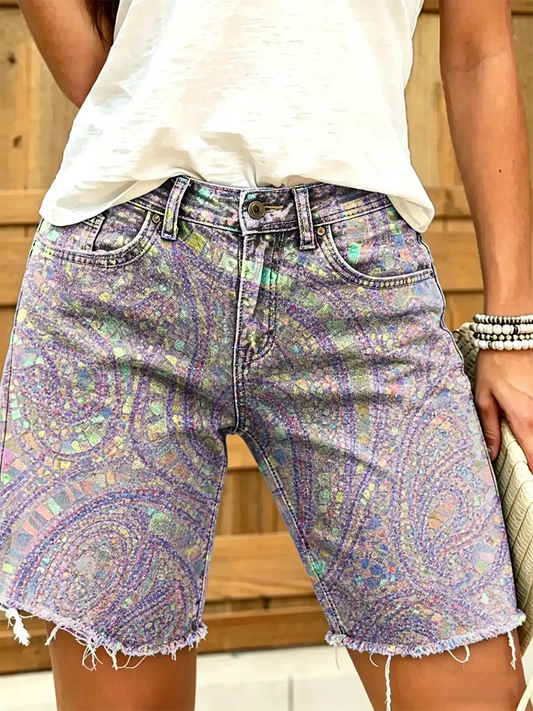 Women's Retro Colorful Paisley Floral Art Print Casual Washed Cotton Denim Shorts
