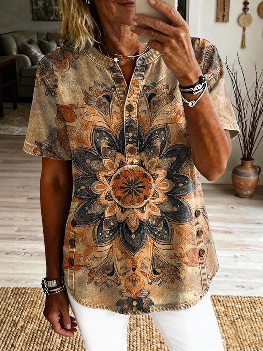 Ethnicity Flowers Totem Women's Art Print Casual Short-sleeve Washed Shirt