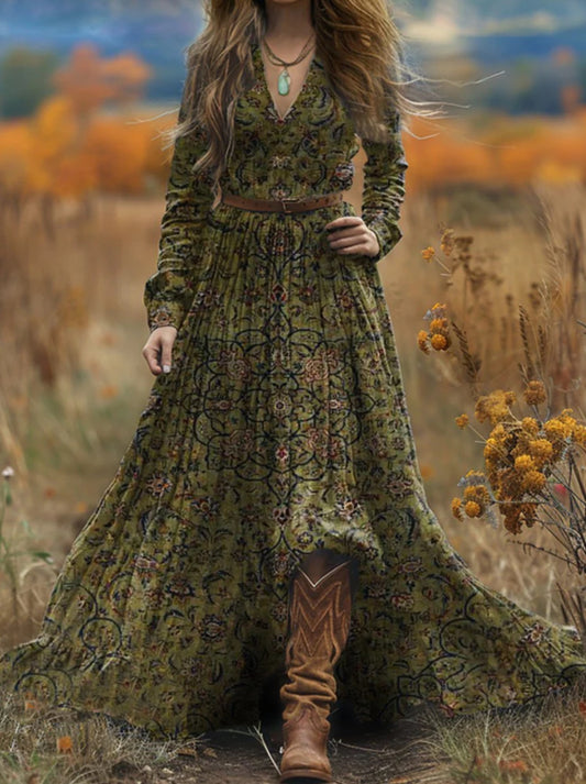 Women's Boho Floral Print V-Neck Long Sleeve Maxi Dress