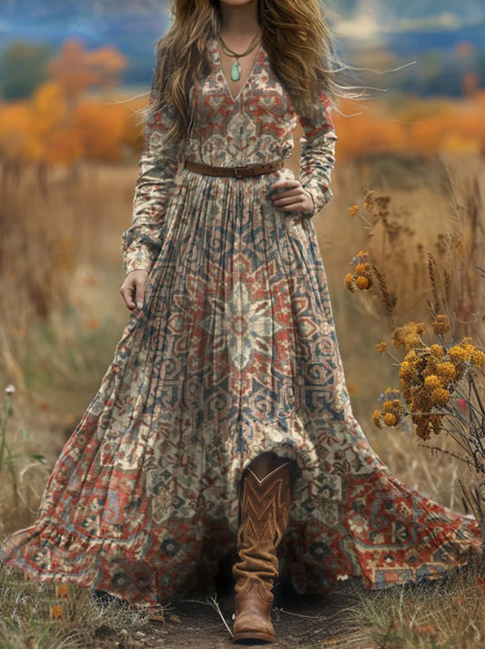 Women's Boho Folk Floral Print V-Neck Long Sleeve Maxi Dress