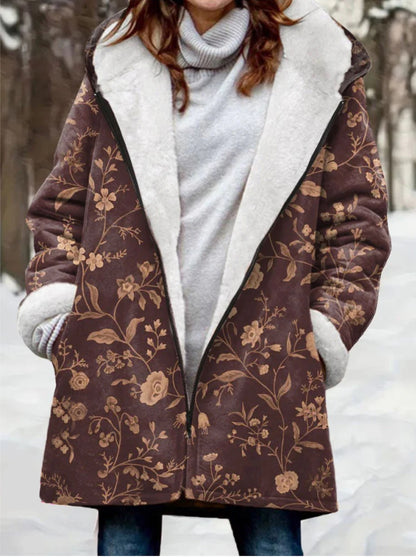 Retro Flower Art Print Casual Winter Warm Fleece Long Sleeve Fleece Coat