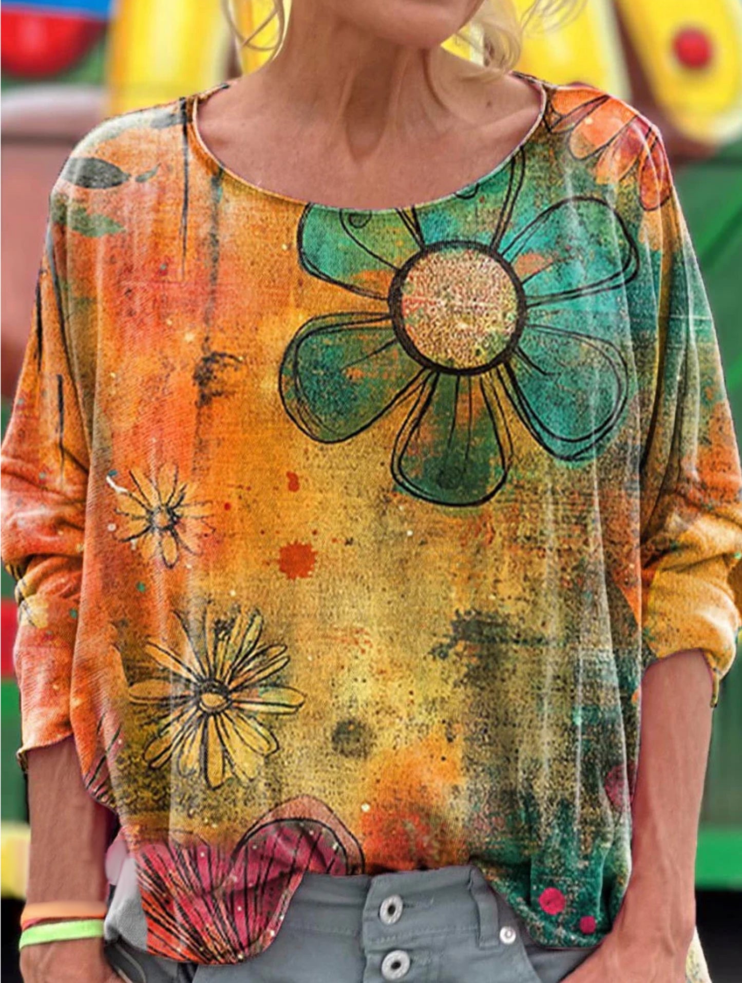 Women's Vintage Floral Art Print Casual Long Sleeve T-shirt