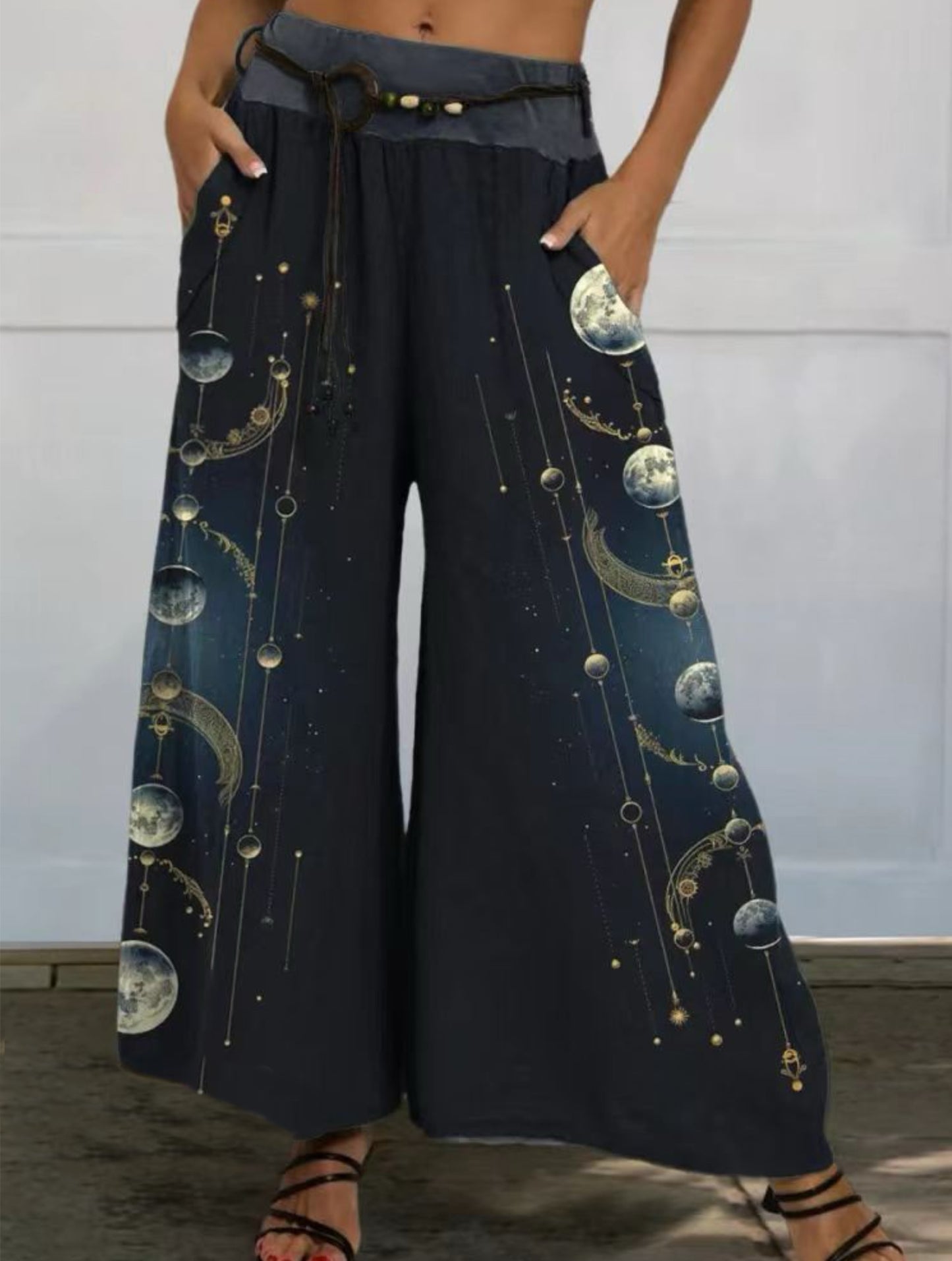 Mysterious Crecent Moon Art Printed Women's Cotton And Linen Casual Wide-Leg Pants