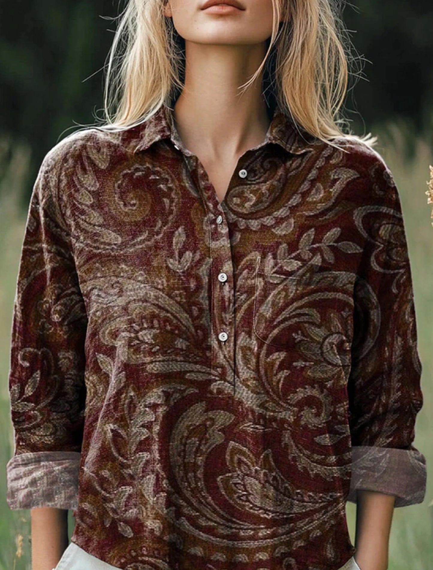 Ethnic Style Floral Pattern Printed Women's Casual Cotton And Linen Shirt