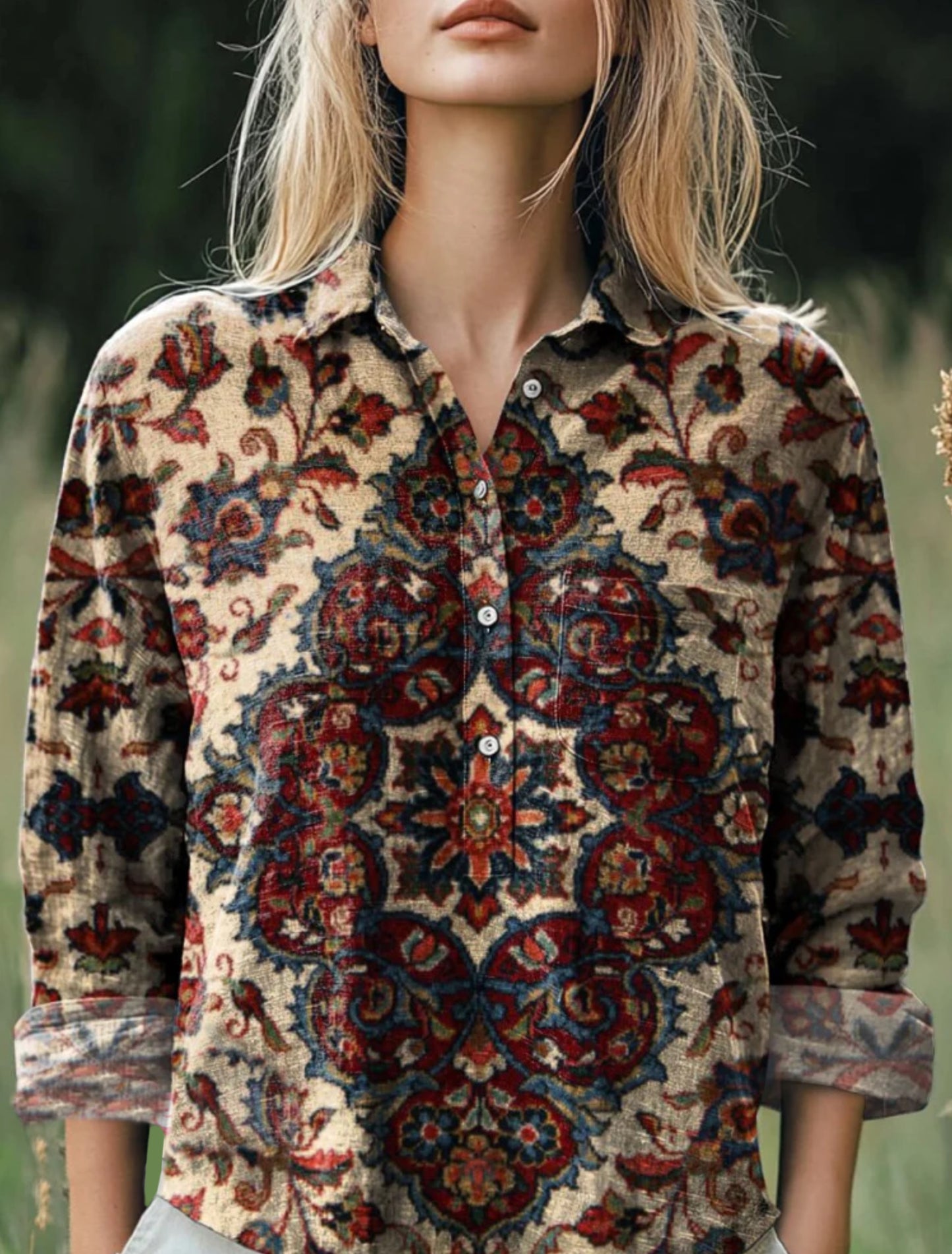 Vintage Ethnic Pattern Printed Women's Casual Cotton And Linen Shirt