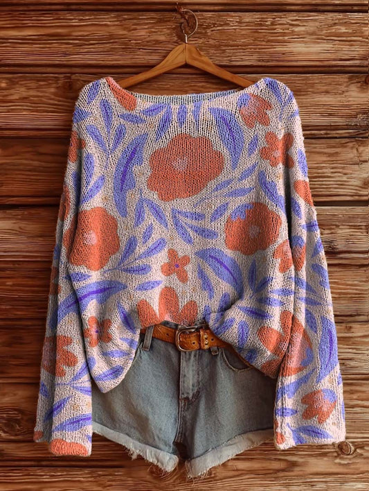 Women's Floral Pattern Artistic Print Casual Knitted Sweater