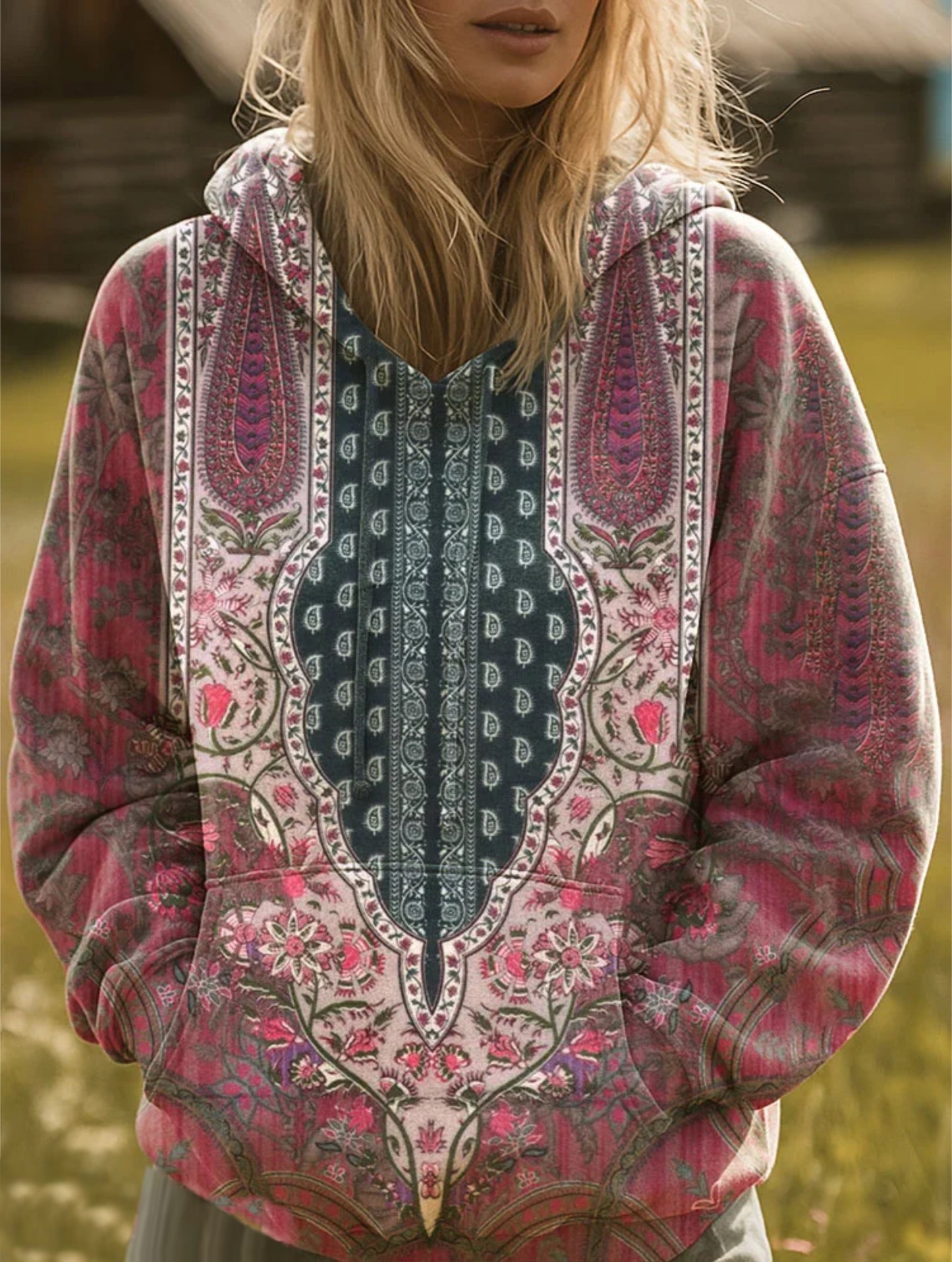 Retro Ethnic Floral Pattern Art Print Casual Hoodie