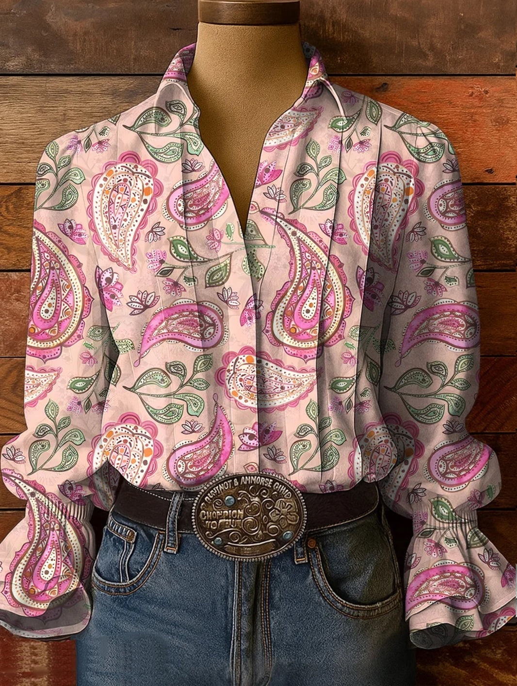 Women's Paisley Floral Art Pattern Print Casual Cotton And Linen Shirt