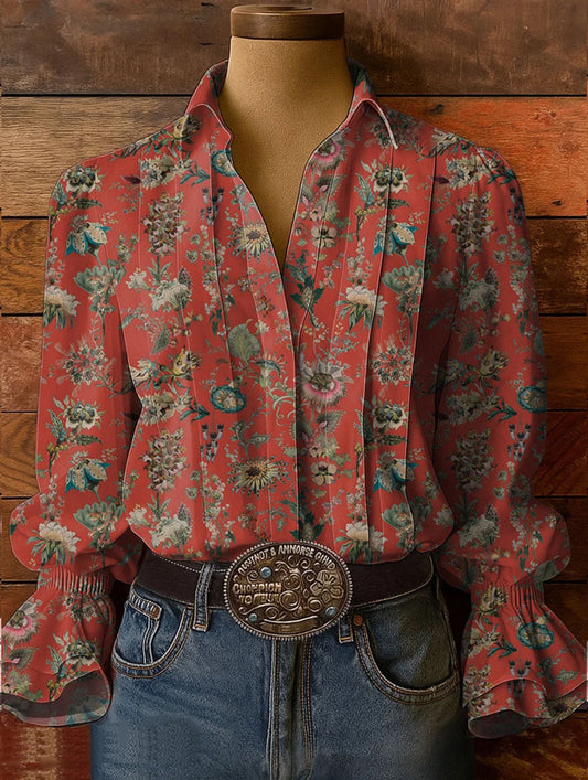 Women's Floral Art Print Casual Cotton-Linen Blend Shirt