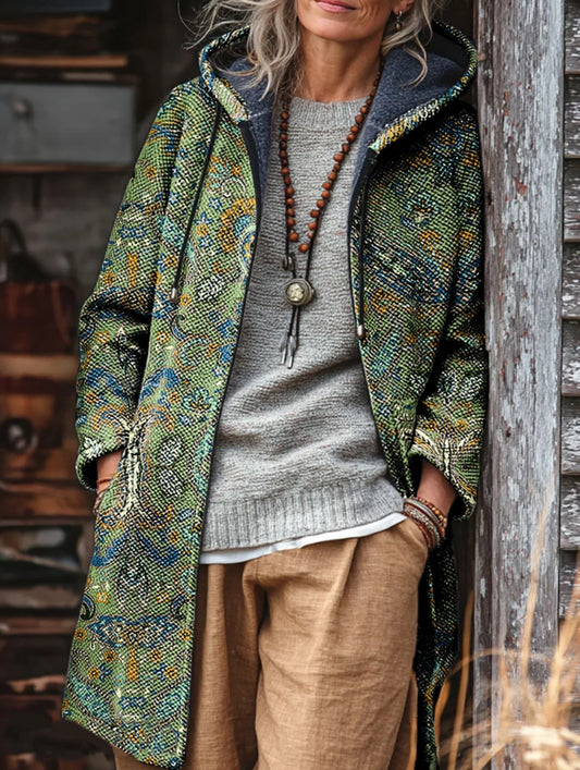 Unisex Vintage Ethnic Floral Pattern Art Print Fleece-Lined Thickened Long-Sleeve Knit Cardigan Jacket