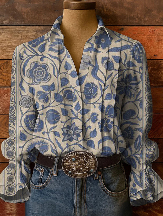 Women's Floral Art Print Casual Cotton-Linen Blend Shirt