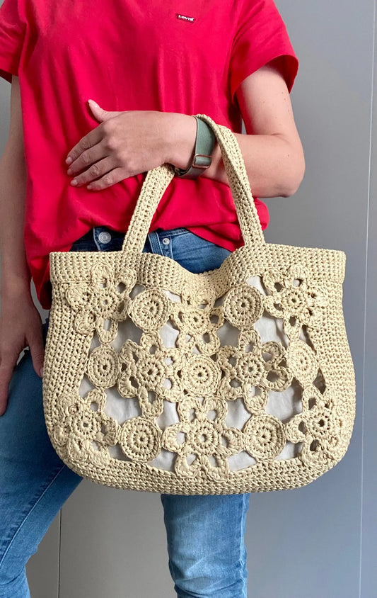 Beige Floral Openwork Crochet Large Straw-Style Tote Bag