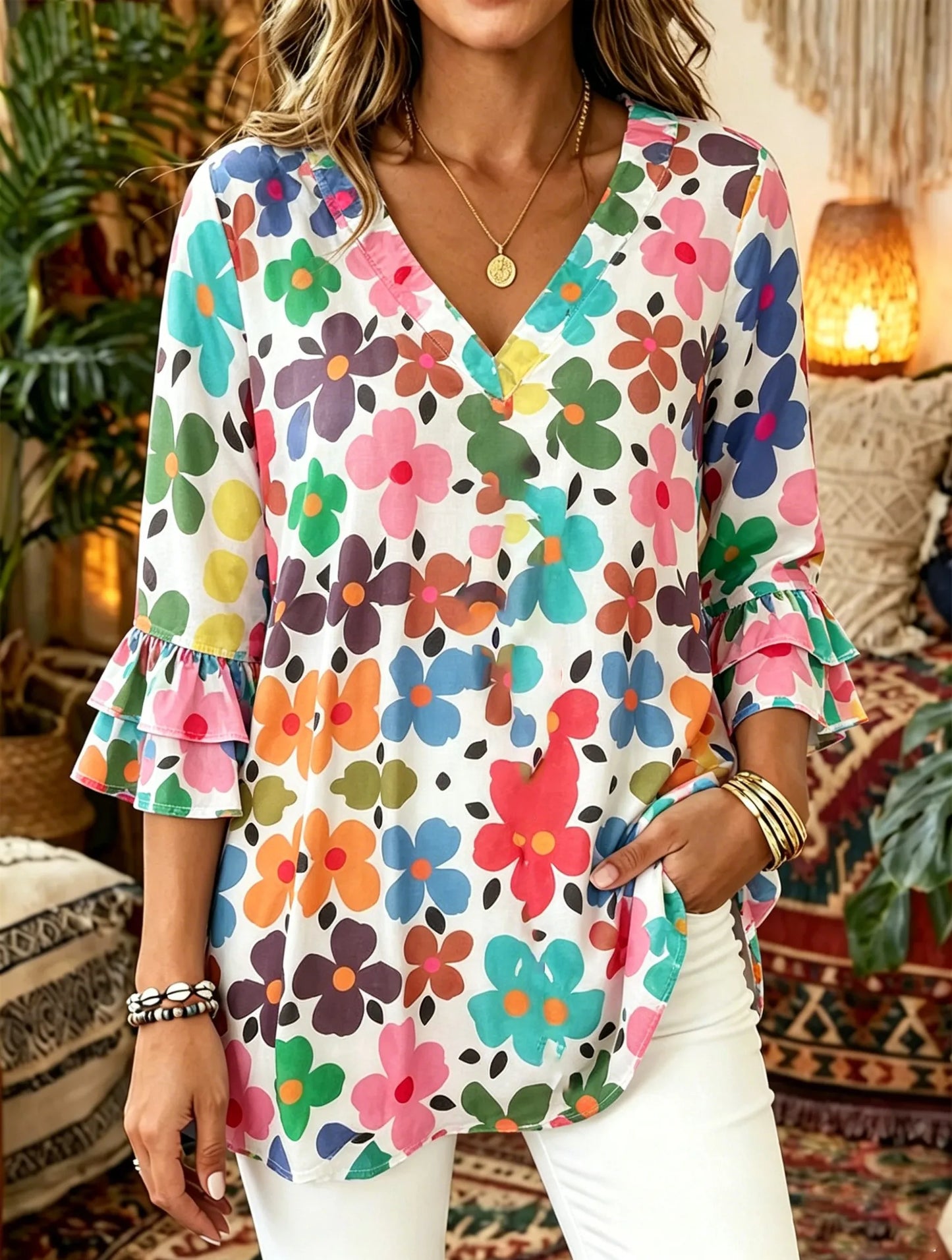 Colorful Floral Print V-Neck Double Ruffle 3/4 Sleeve Casual Blouse