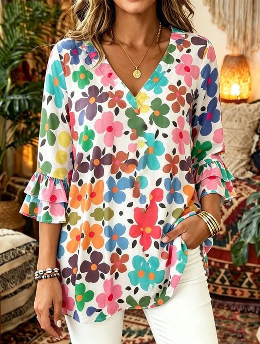 Colorful Floral Print V-Neck Double Ruffle 3/4 Sleeve Casual Blouse