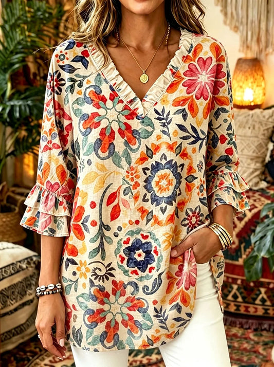 Apricot Base Vintage Watercolor Floral Ruffle V-Neck Double Ruffle 3/4 Sleeve Blouse