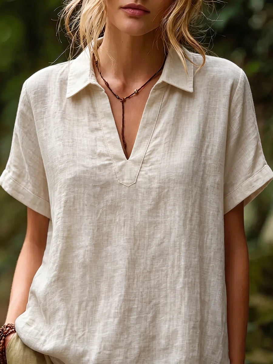 Women Lapel Collar V Neck Short Sleeve Relaxed Casual Blouse